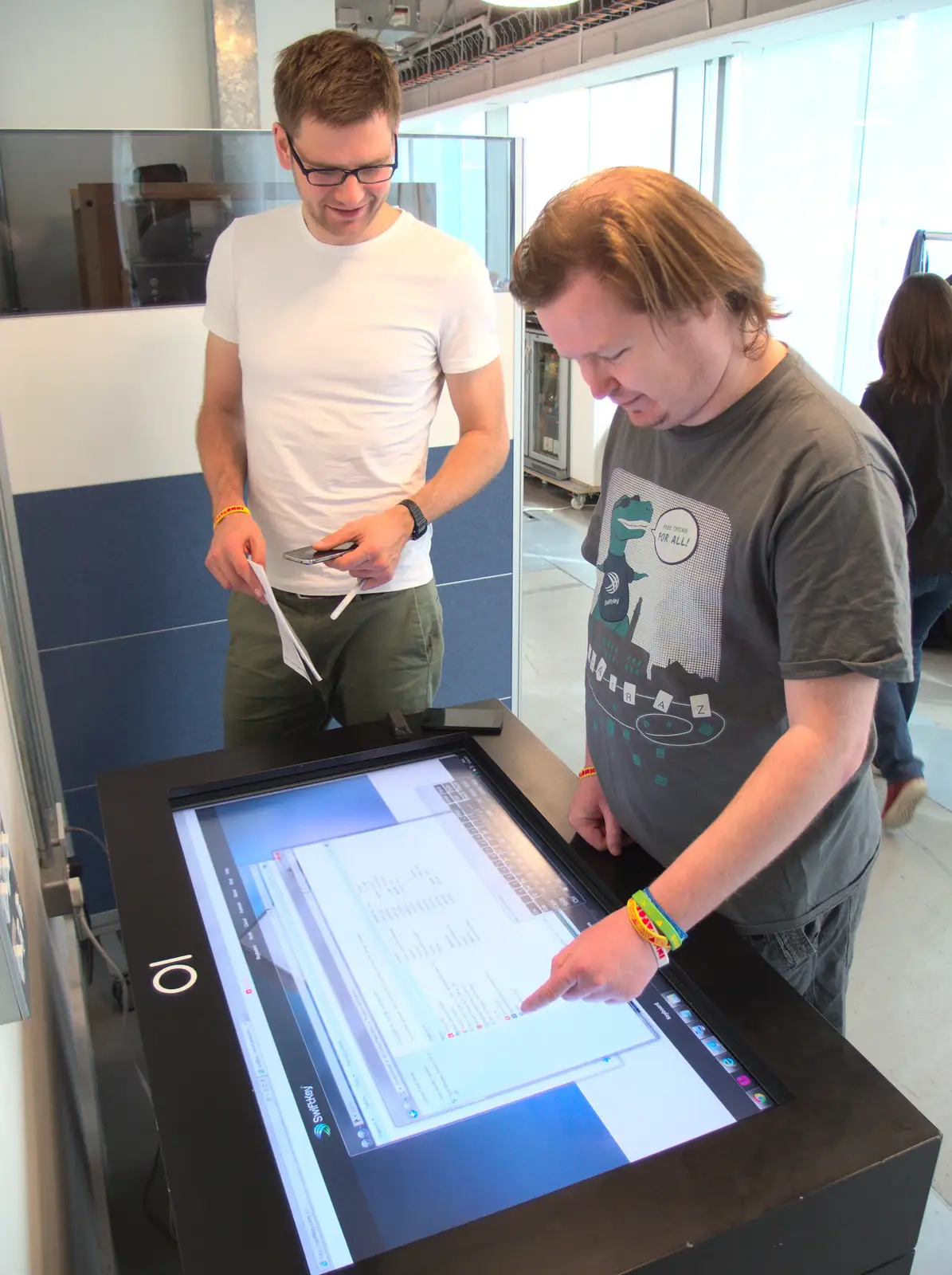 Craig plays around with a big monitor-as-table, from SwiftKey Innovation Days, The Haymarket, London - 27th June 2014