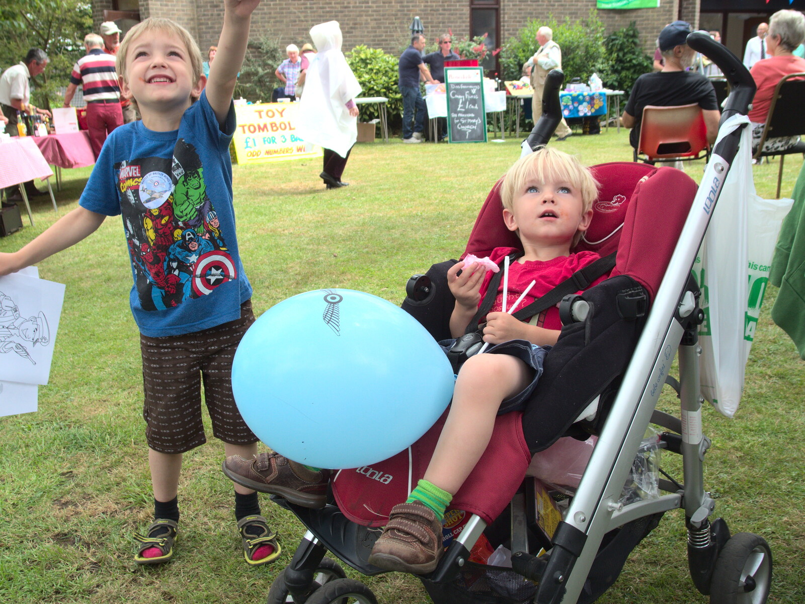 Fred and Harry look up from A Busy Day and a Church Fair, Diss, Norfolk - 28th June 2014