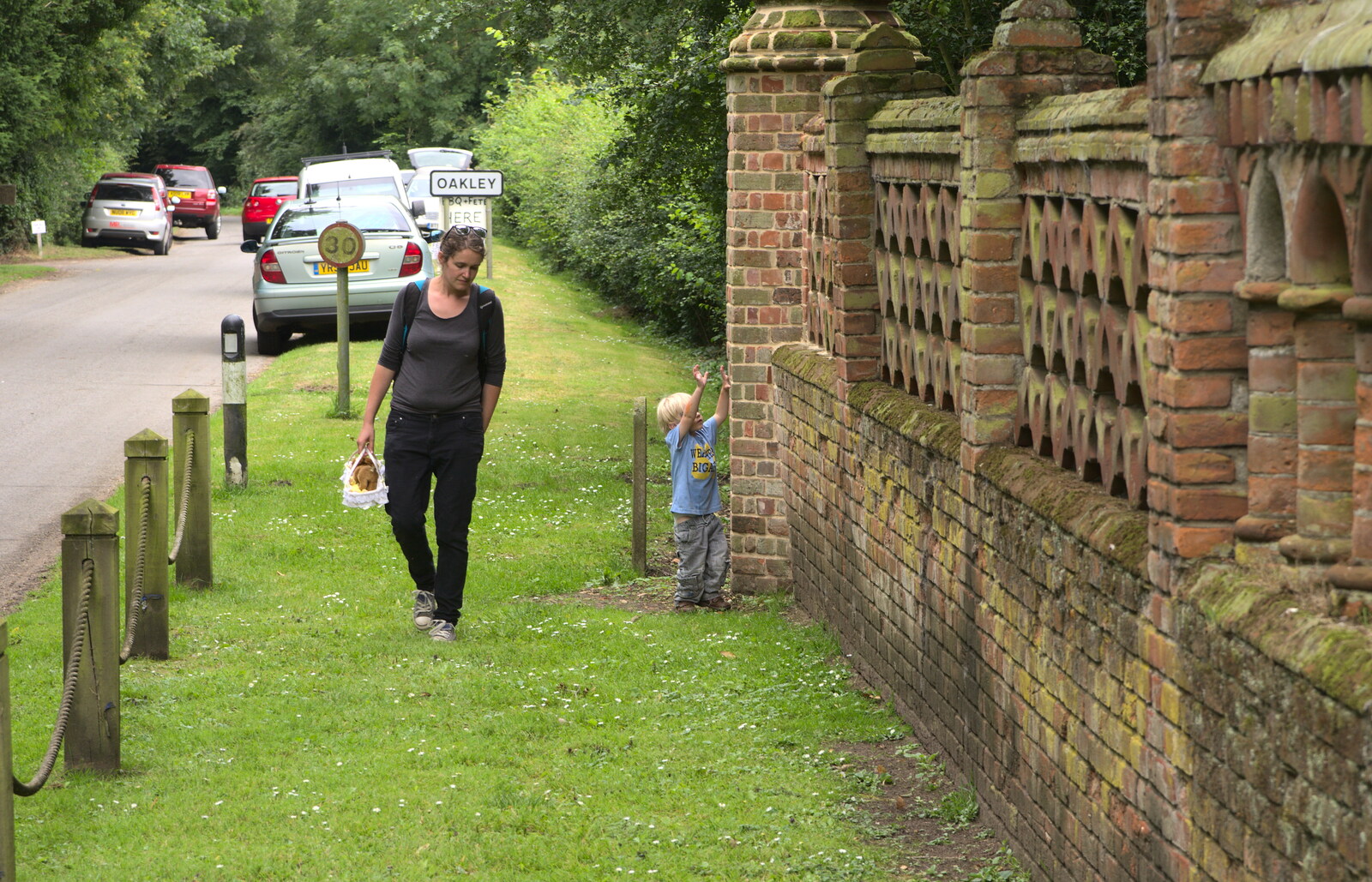 Harry tries to reach the top of Brome Hall wall from The Village Summer Fête, Brome, Suffolk - 5th July 2014