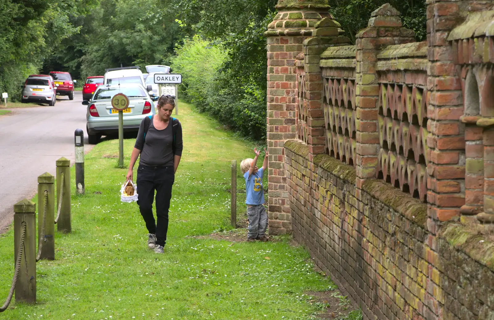 Harry tries to reach the top of Brome Hall wall, from The Village Summer Fête, Brome, Suffolk - 5th July 2014