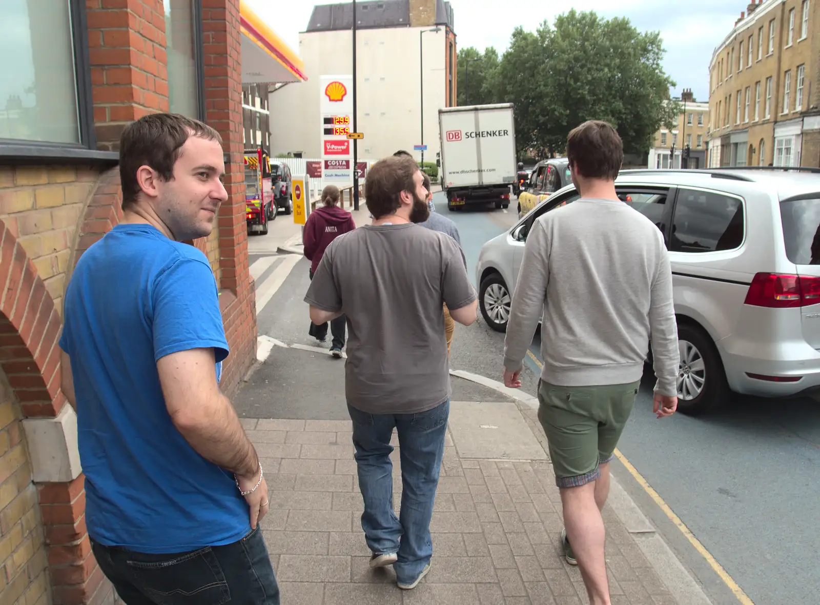 Fran and the gang on Southwark Bridge Road, from A Trip to Pizza Pub, Great Suffolk Street, Southwark - 8th July 2014