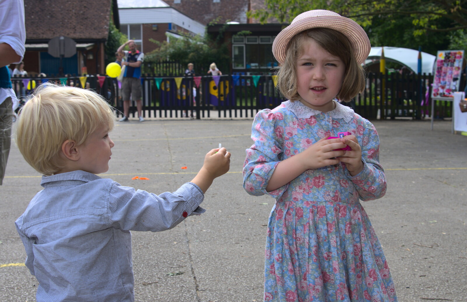 Harry - Baby Gabey - tries to give Amelia a sweet from St. Peter and St. Paul's School Summer Fete, Eye, Suffolk - 12th July 2014