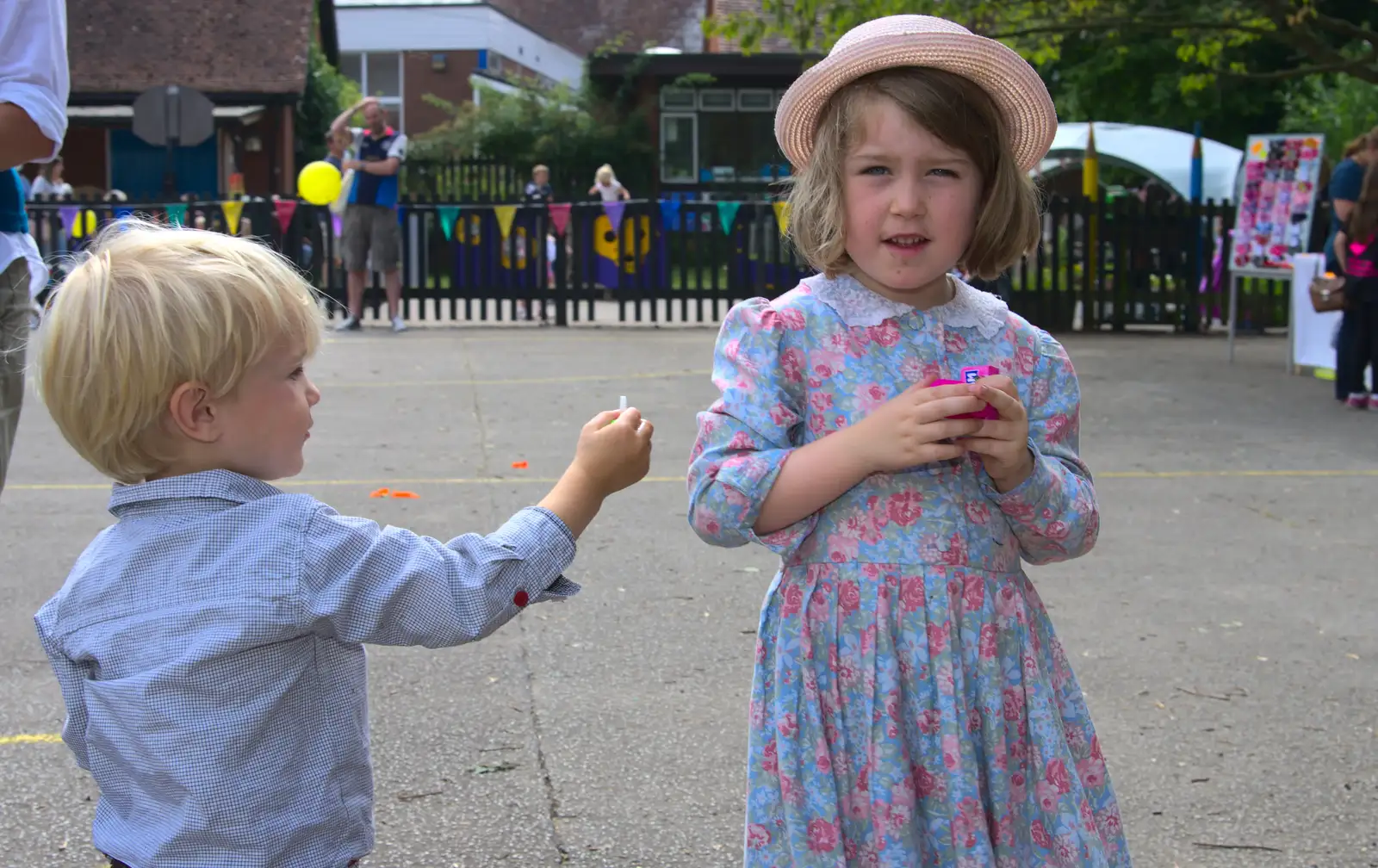 Harry - Baby Gabey - tries to give Amelia a sweet, from St. Peter and St. Paul's School Summer Fete, Eye, Suffolk - 12th July 2014