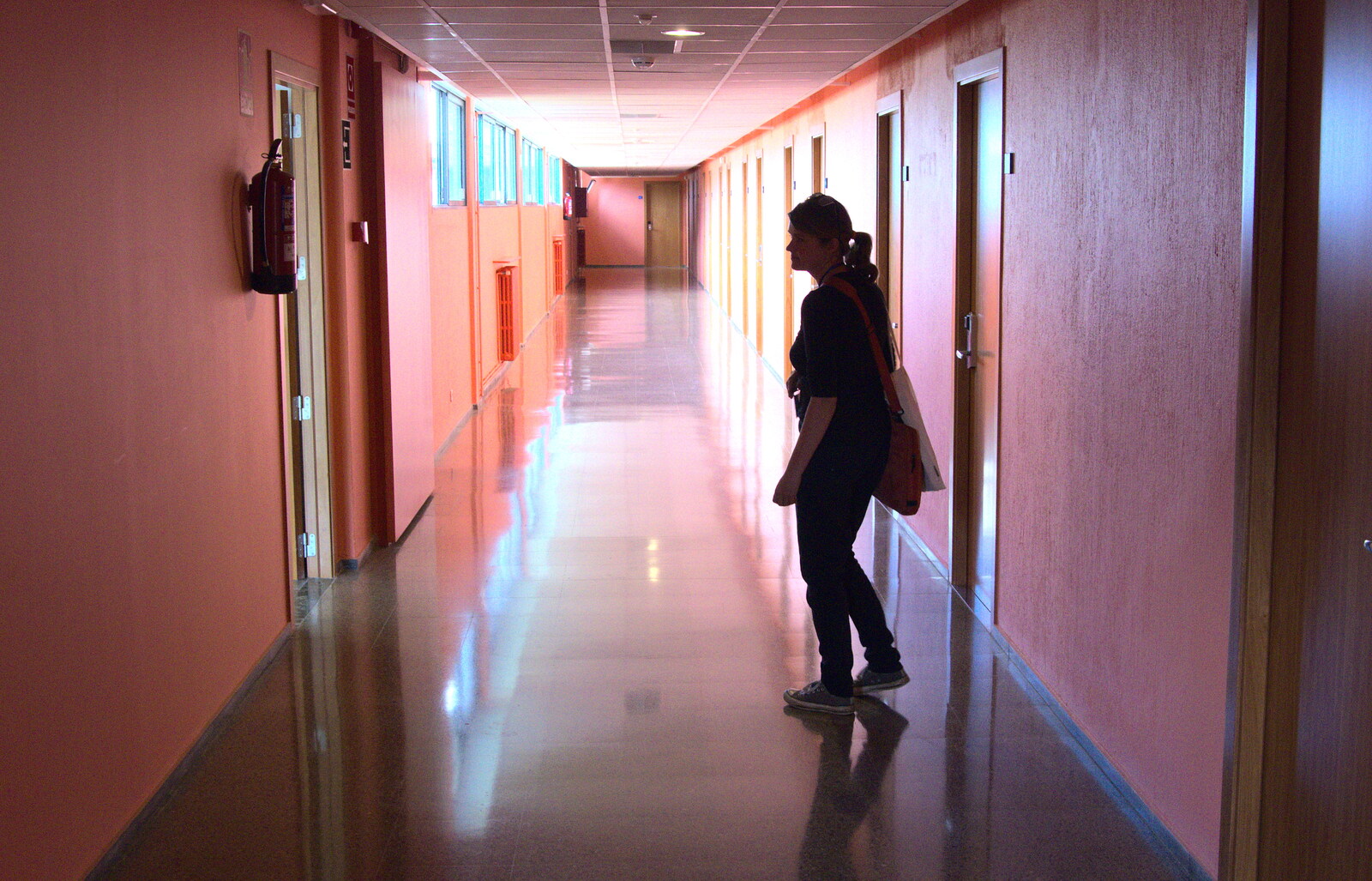 Isobel roams around our spartan accommodation block from The Open Education Challenge, Barcelona, Catalonia - 13th July 2014