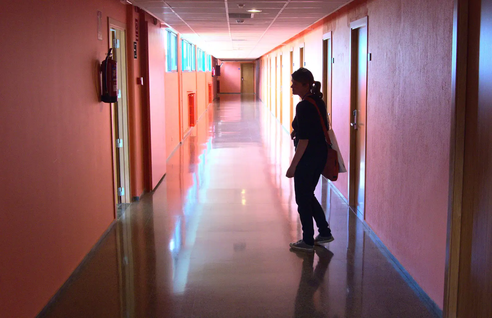 Isobel roams around our spartan accommodation block, from The Open Education Challenge, Barcelona, Catalonia - 13th July 2014