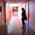 Isobel roams around our spartan accommodation block, The Open Education Challenge, Barcelona, Catalonia - 13th July 2014