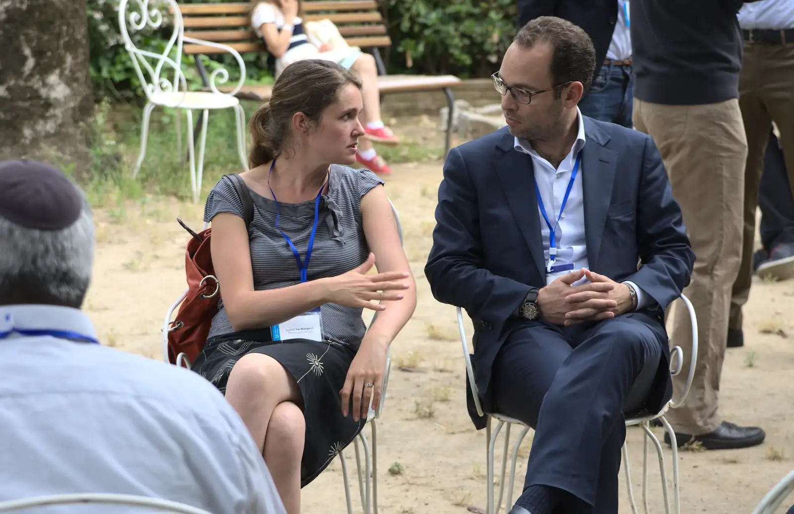 Isobel talks to a potential investor, from The Open Education Challenge, Barcelona, Catalonia - 13th July 2014