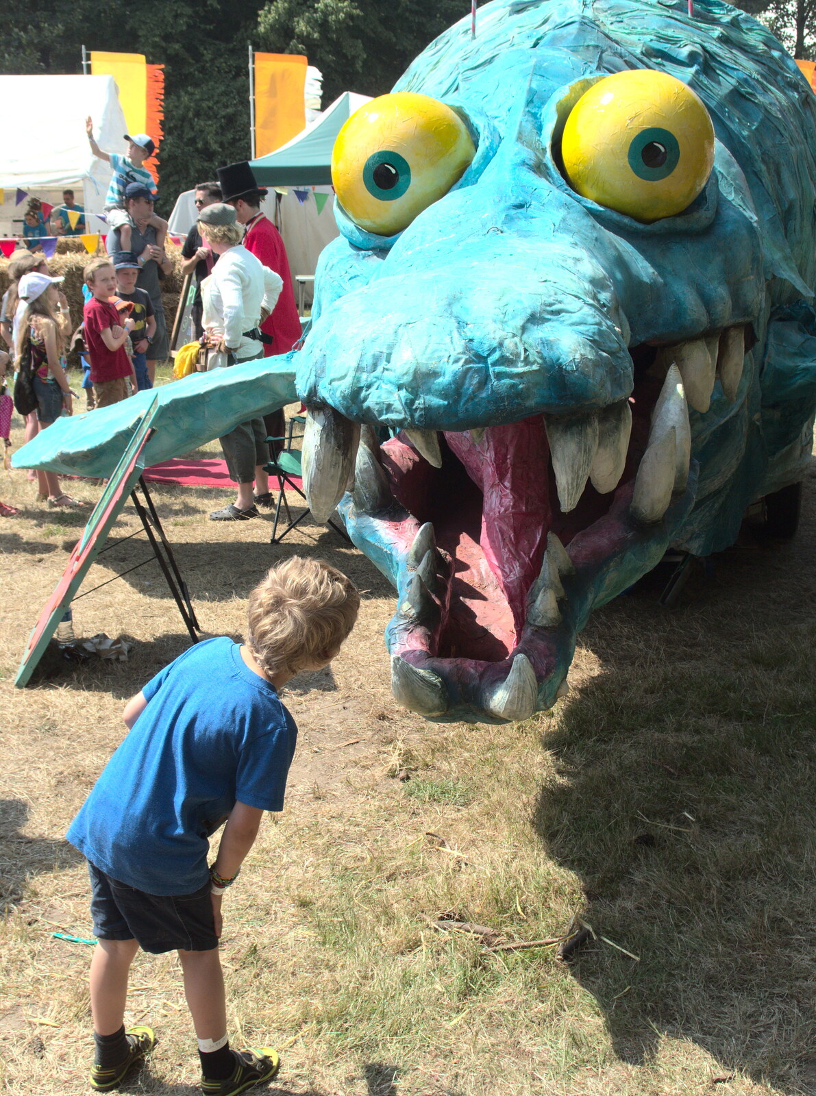 Fred looks up the mouth of a massive Plesiosaur from Latitude Festival, Henham Park, Southwold, Suffolk - 17th July 2014