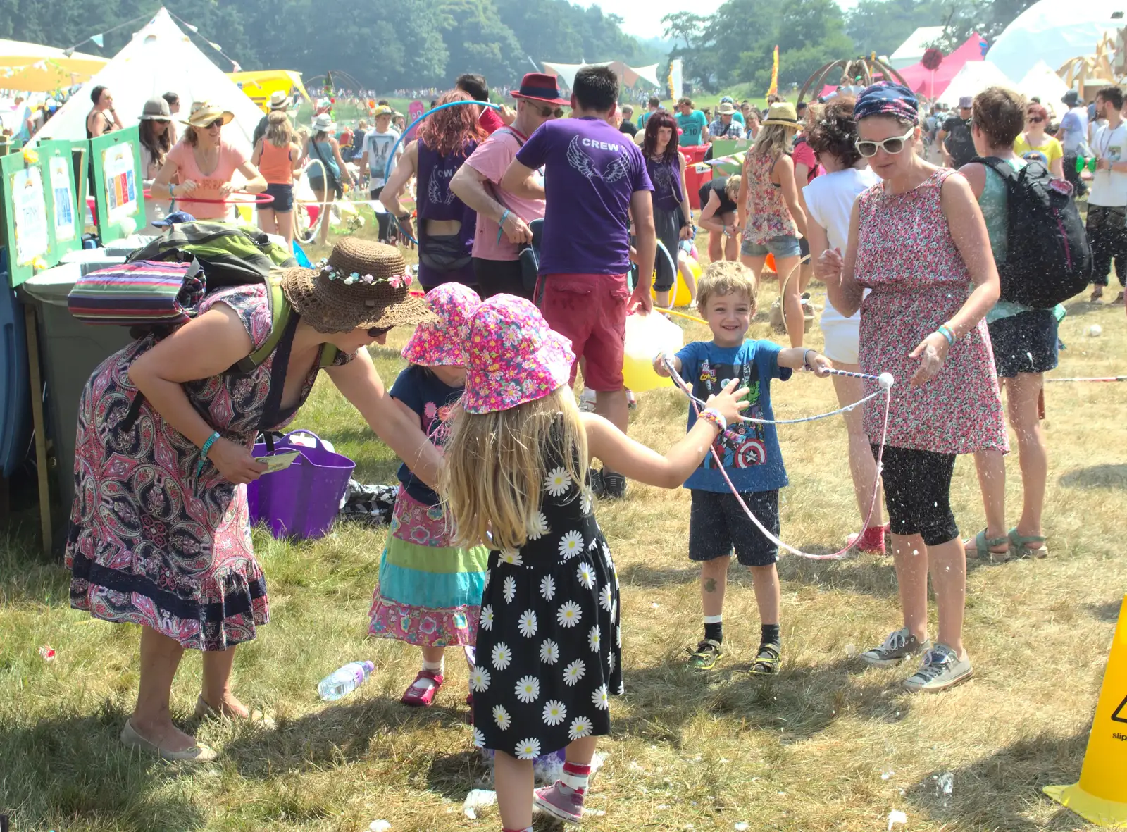 Rachel, Fred and Isobel do some massive bubbles, from Latitude Festival, Henham Park, Southwold, Suffolk - 17th July 2014