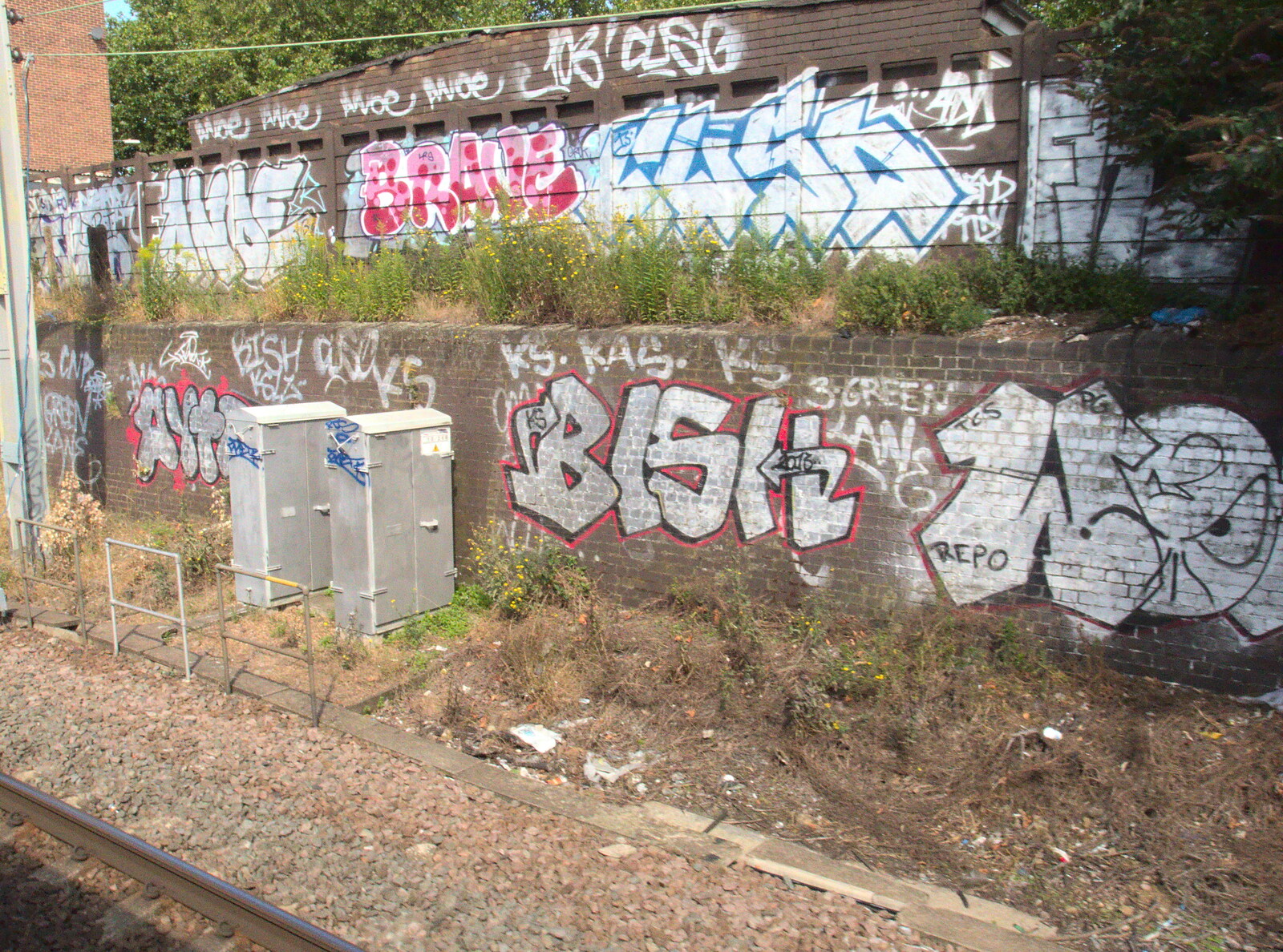 A cluster of graffiti on a couple of walls from A Week on the Rails, Stratford and Liverpool Street, London - 23rd July