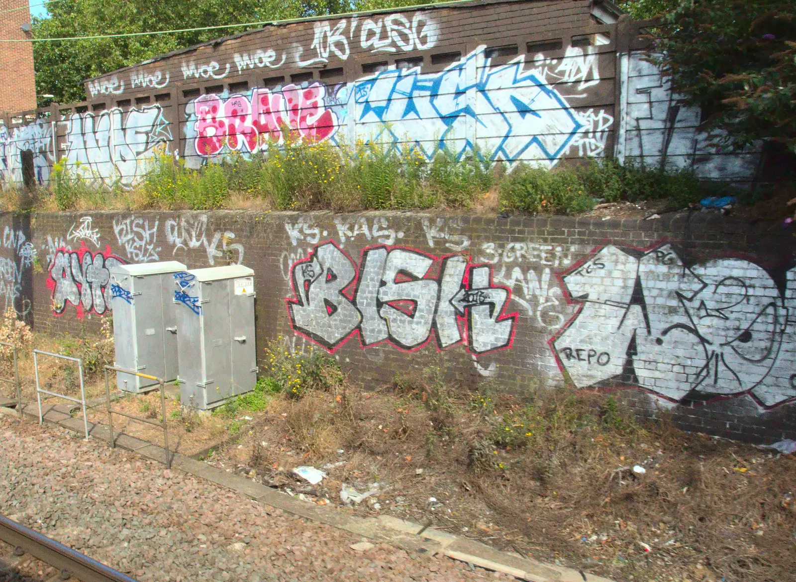 A cluster of graffiti on a couple of walls, from A Week on the Rails, Stratford and Liverpool Street, London - 23rd July