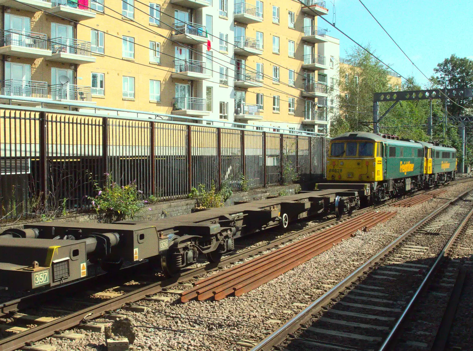 A pair of Class 86s pull a rake of freight wagons, from A Week on the Rails, Stratford and Liverpool Street, London - 23rd July