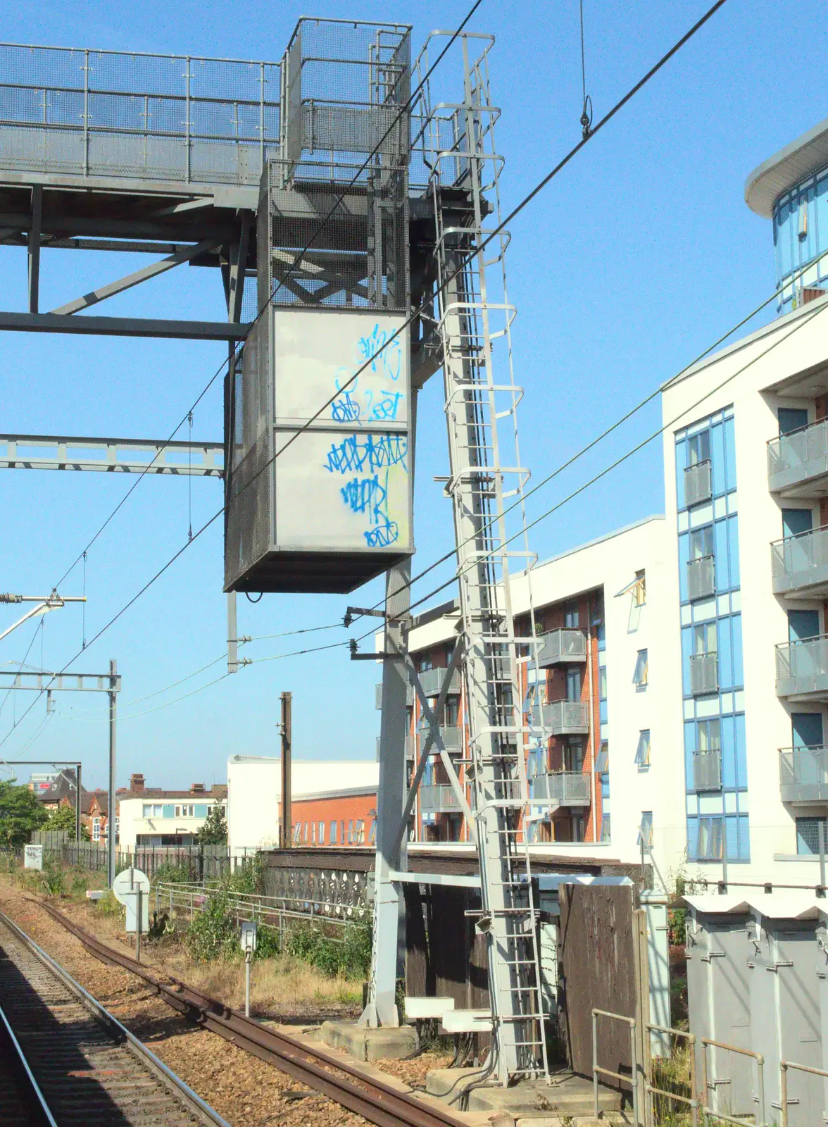 More-daring-than-usual tags on a gantry, from A Week on the Rails, Stratford and Liverpool Street, London - 23rd July