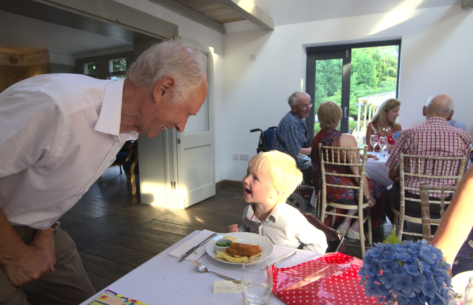 Harry has a go at roaring at Bob from Bob and Bernice's 50th Wedding Anniversary, Hinton Admiral, Dorset - 25th July 2014