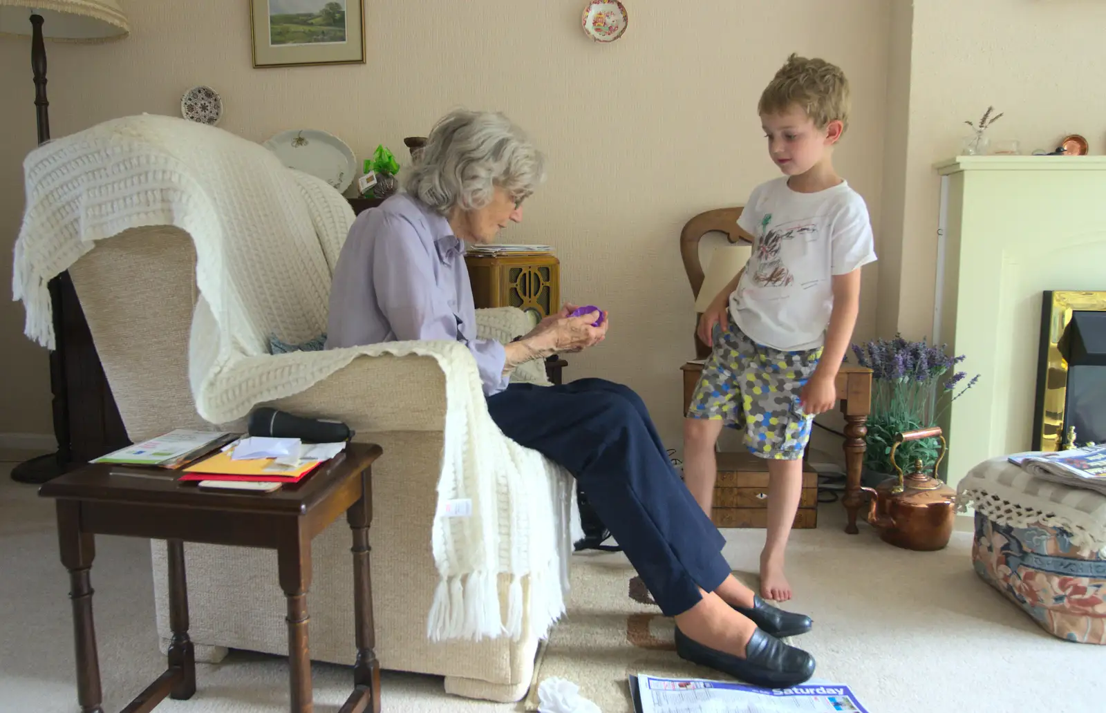 Fred shows Little Granny his things, from Bob and Bernice's 50th Wedding Anniversary, Hinton Admiral, Dorset - 25th July 2014