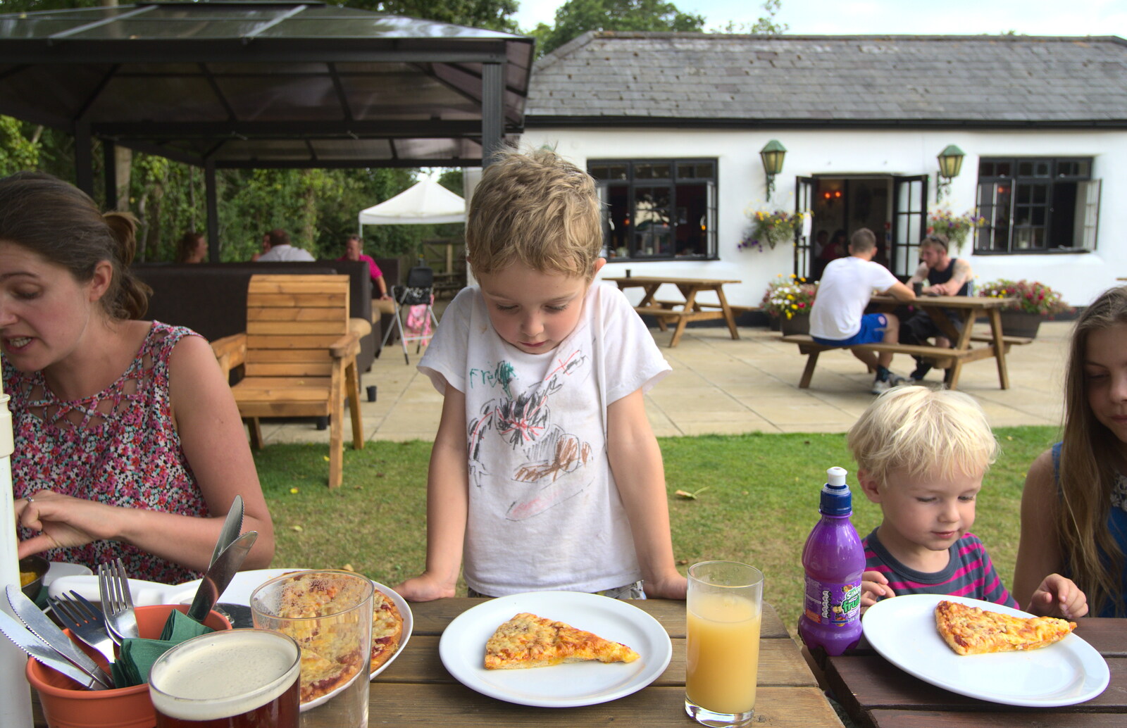 Fred's not sure about his pizza slice from Bob and Bernice's 50th Wedding Anniversary, Hinton Admiral, Dorset - 25th July 2014