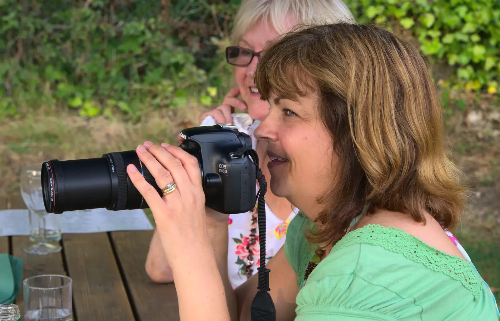 Michelle shows off her new big long one, from Bob and Bernice's 50th Wedding Anniversary, Hinton Admiral, Dorset - 25th July 2014