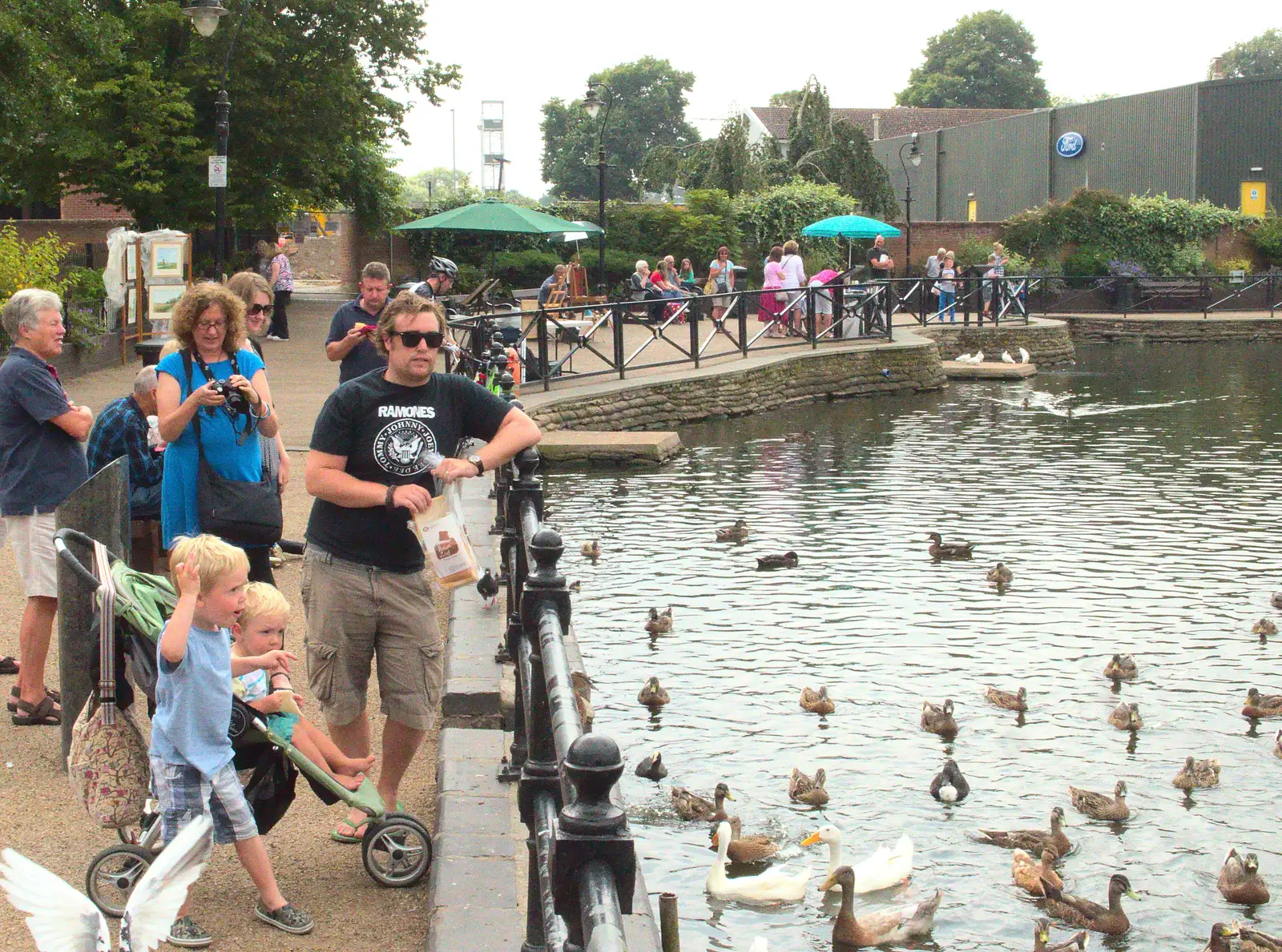 Mere's mouth is busy with people and ducks, from The BSCC at Harleston, and a Visit From Cambridge, Brome, Suffolk - 31st July 2014