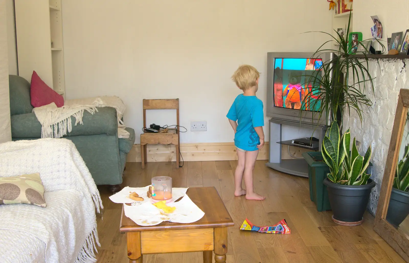 Harry likes to watch telly from 20cm away, from Camping at Silver Strand, Wicklow, County Wicklow, Ireland - 7th August 2014