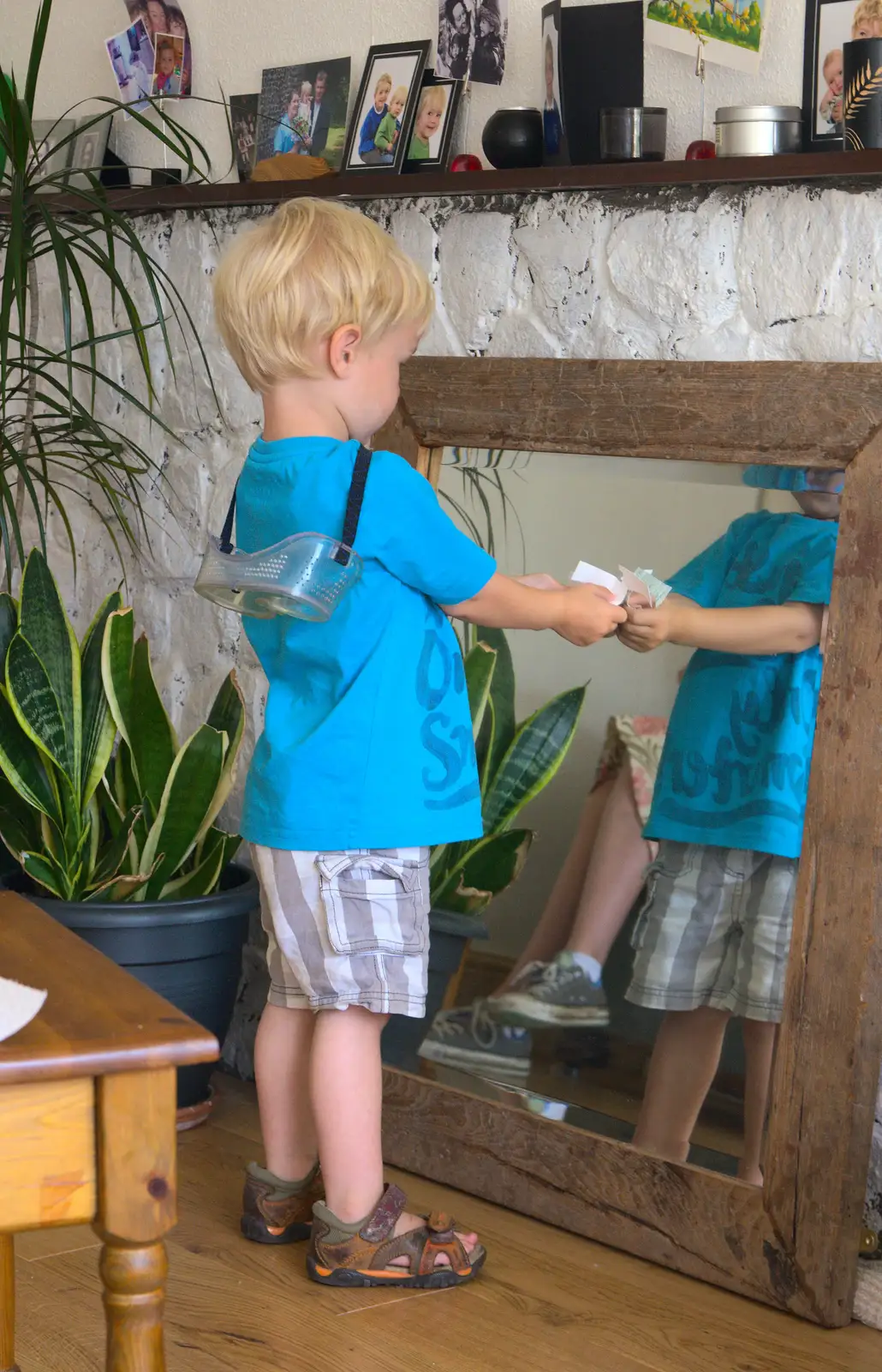 Harry shows something to the mirror, from Camping at Silver Strand, Wicklow, County Wicklow, Ireland - 7th August 2014