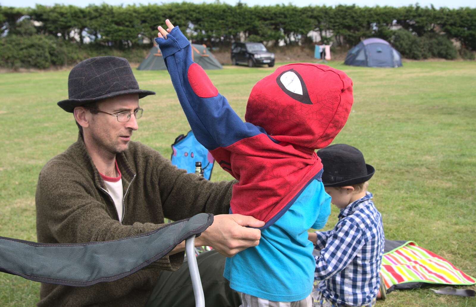 Philly helps Harry become Spiderman from Camping at Silver Strand, Wicklow, County Wicklow, Ireland - 7th August 2014
