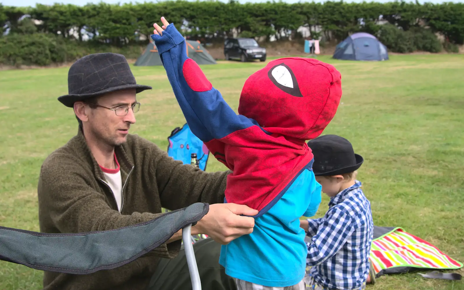 Philly helps Harry become Spiderman, from Camping at Silver Strand, Wicklow, County Wicklow, Ireland - 7th August 2014