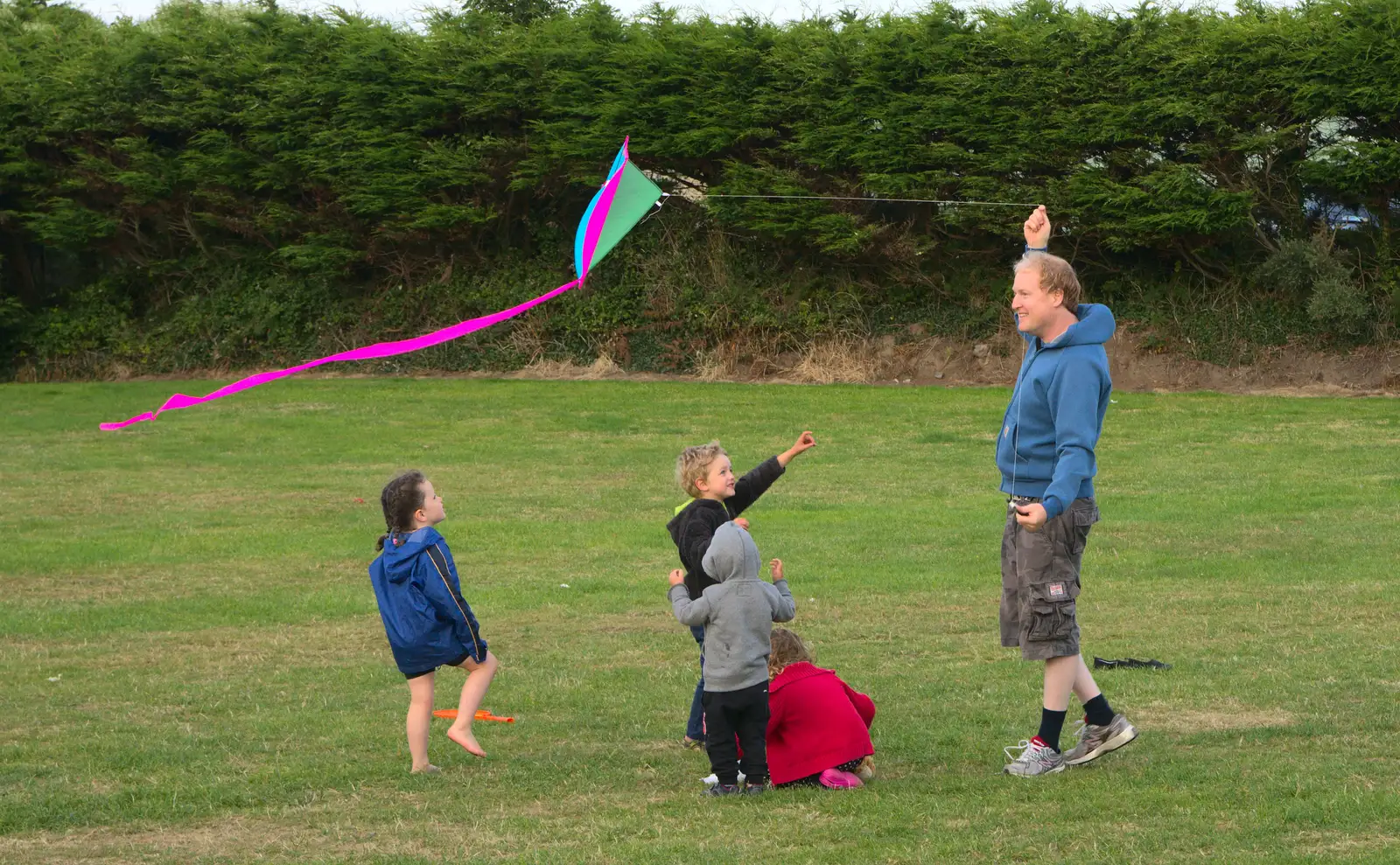 The neighbour does some kite flying, from Camping at Silver Strand, Wicklow, County Wicklow, Ireland - 7th August 2014