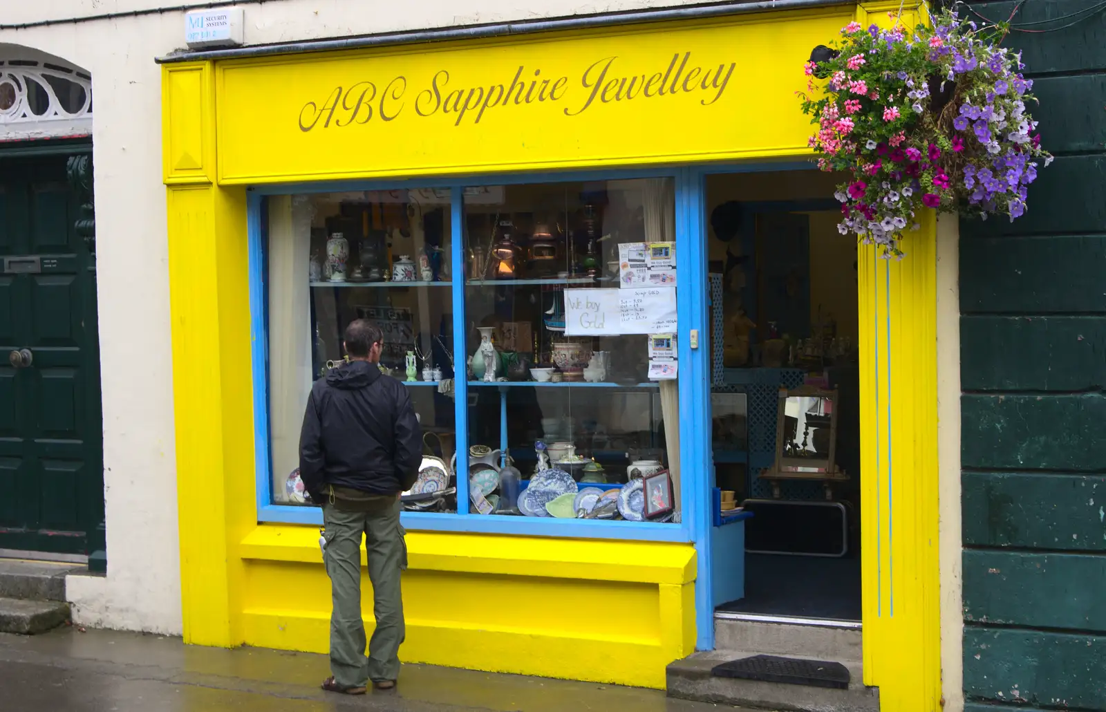 Philly looks in a shop window, from Camping at Silver Strand, Wicklow, County Wicklow, Ireland - 7th August 2014