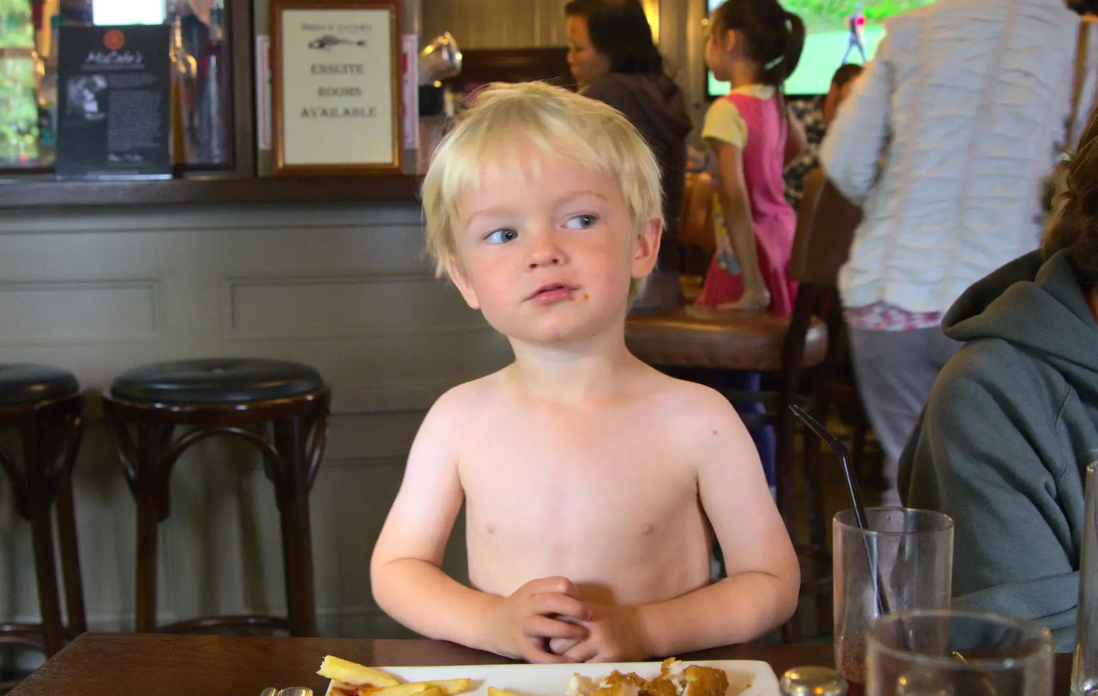 Harry eats lunch with his shirt off, from Camping at Silver Strand, Wicklow, County Wicklow, Ireland - 7th August 2014