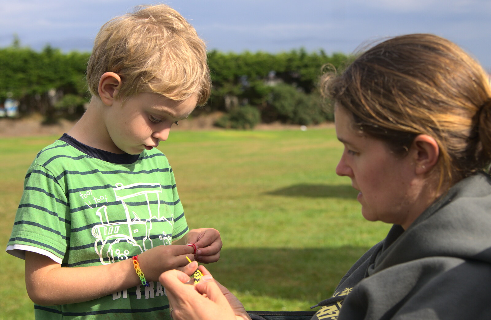 Fred does another Loom band from Camping at Silver Strand, Wicklow, County Wicklow, Ireland - 7th August 2014