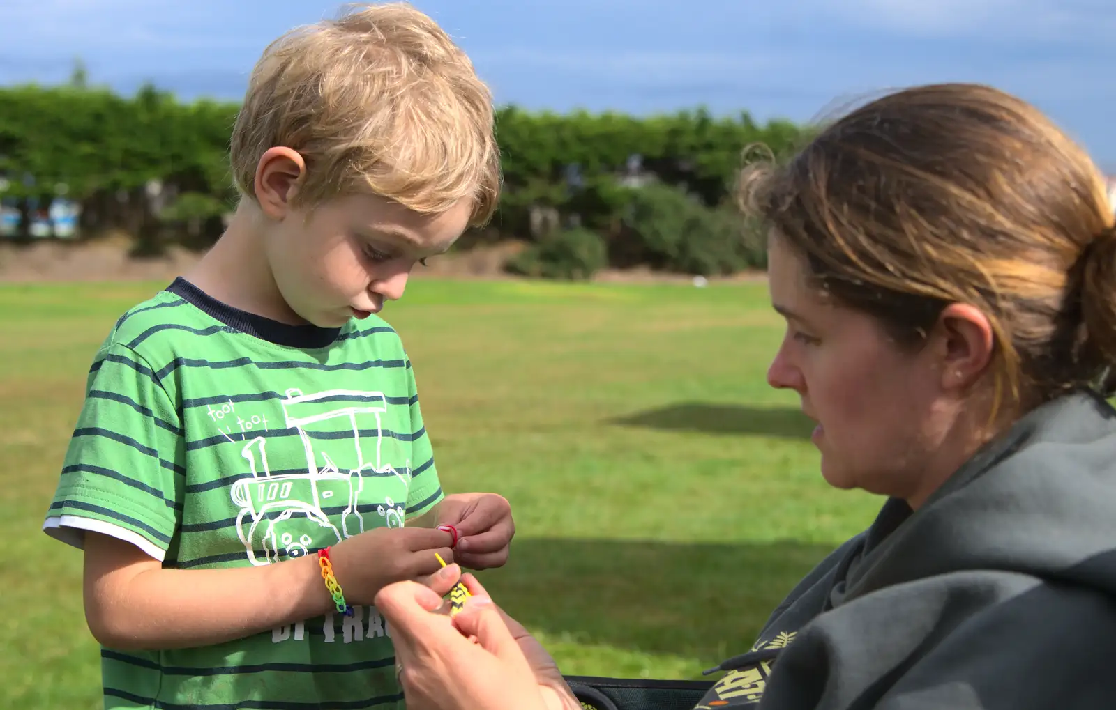 Fred does another Loom band, from Camping at Silver Strand, Wicklow, County Wicklow, Ireland - 7th August 2014