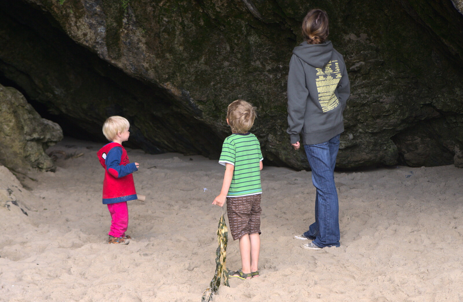Harry, Fred and Isobel inspect the cave from Camping at Silver Strand, Wicklow, County Wicklow, Ireland - 7th August 2014