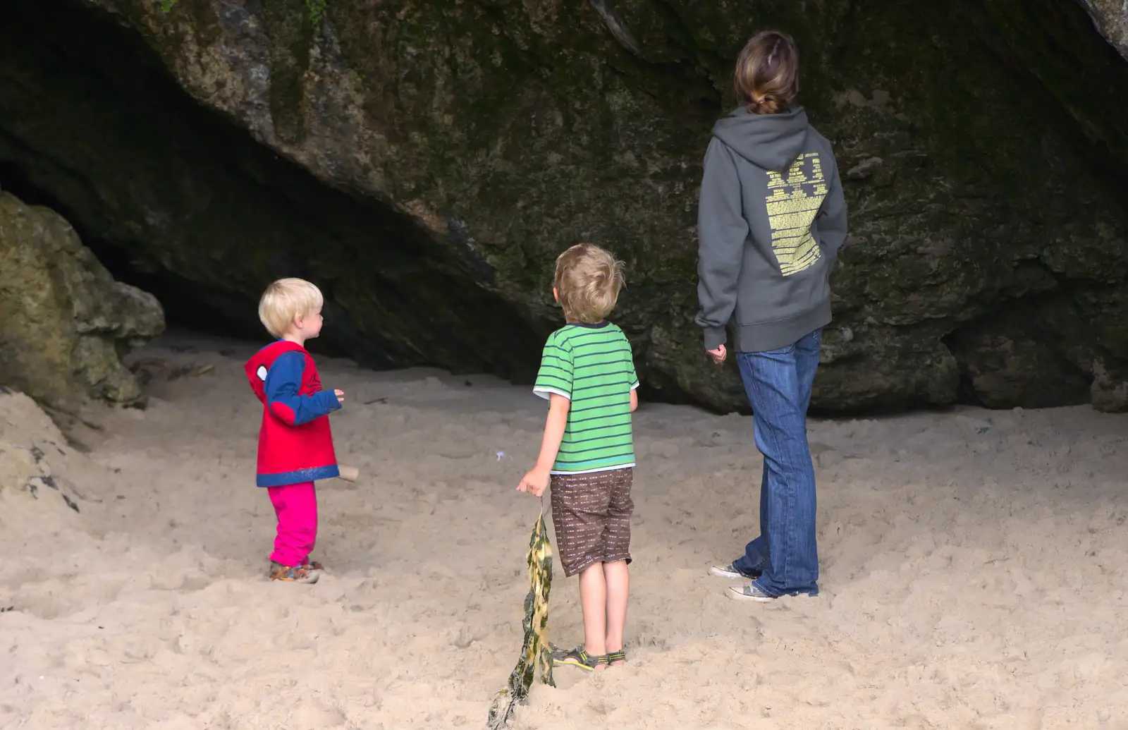 Harry, Fred and Isobel inspect the cave, from Camping at Silver Strand, Wicklow, County Wicklow, Ireland - 7th August 2014