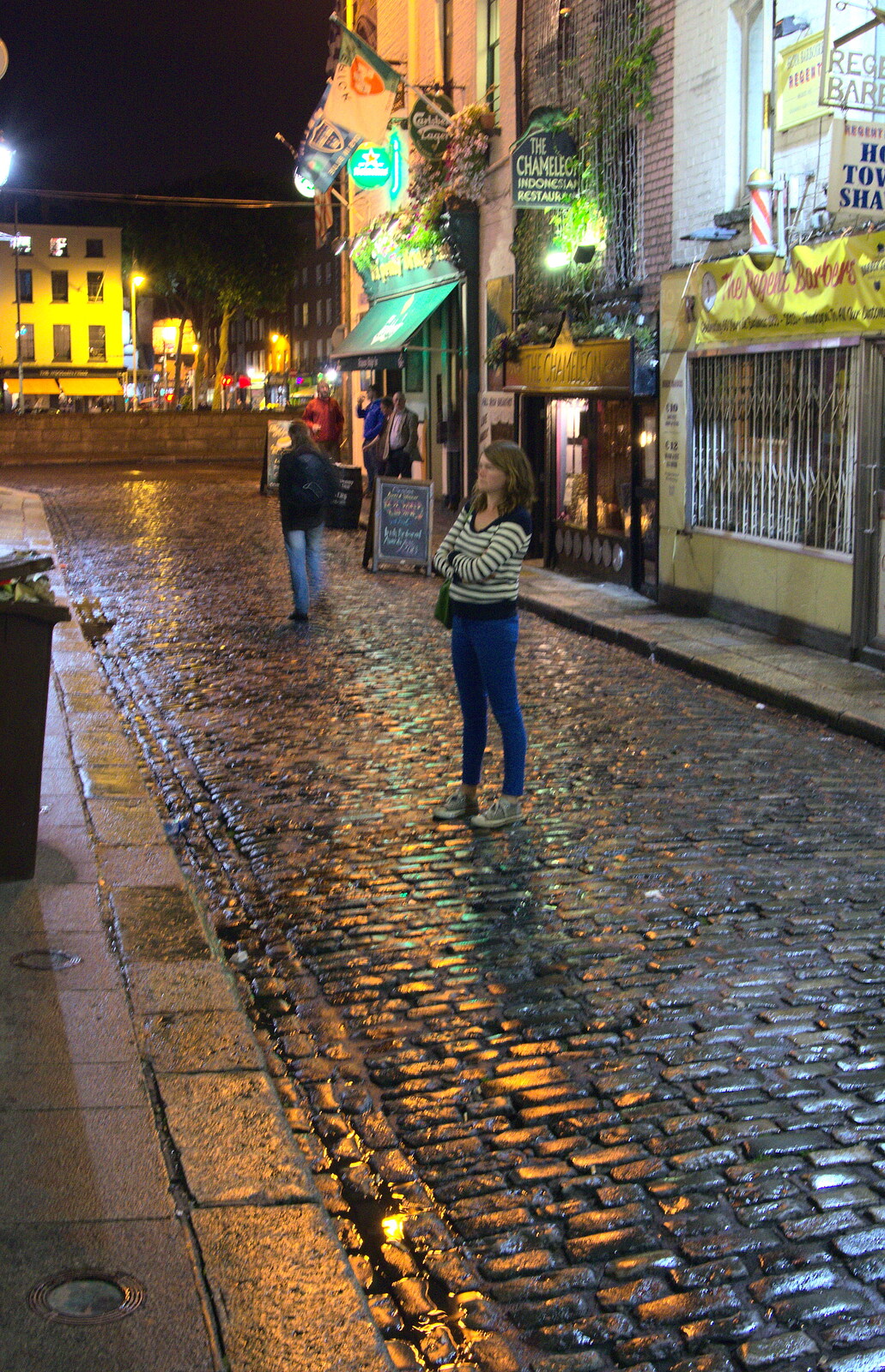 Isobel stands on wet cobbles on Regent Street from A Night Out in Dublin, County Dublin, Ireland - 9th August 2014