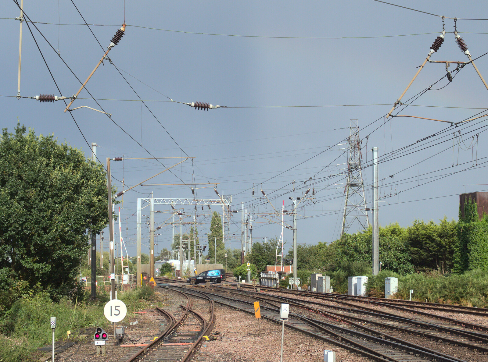 There's a faint rainbow above the overhead wires from Train Fails, and Pizza Pub, Manningtree and Southwark - 12th August 2014