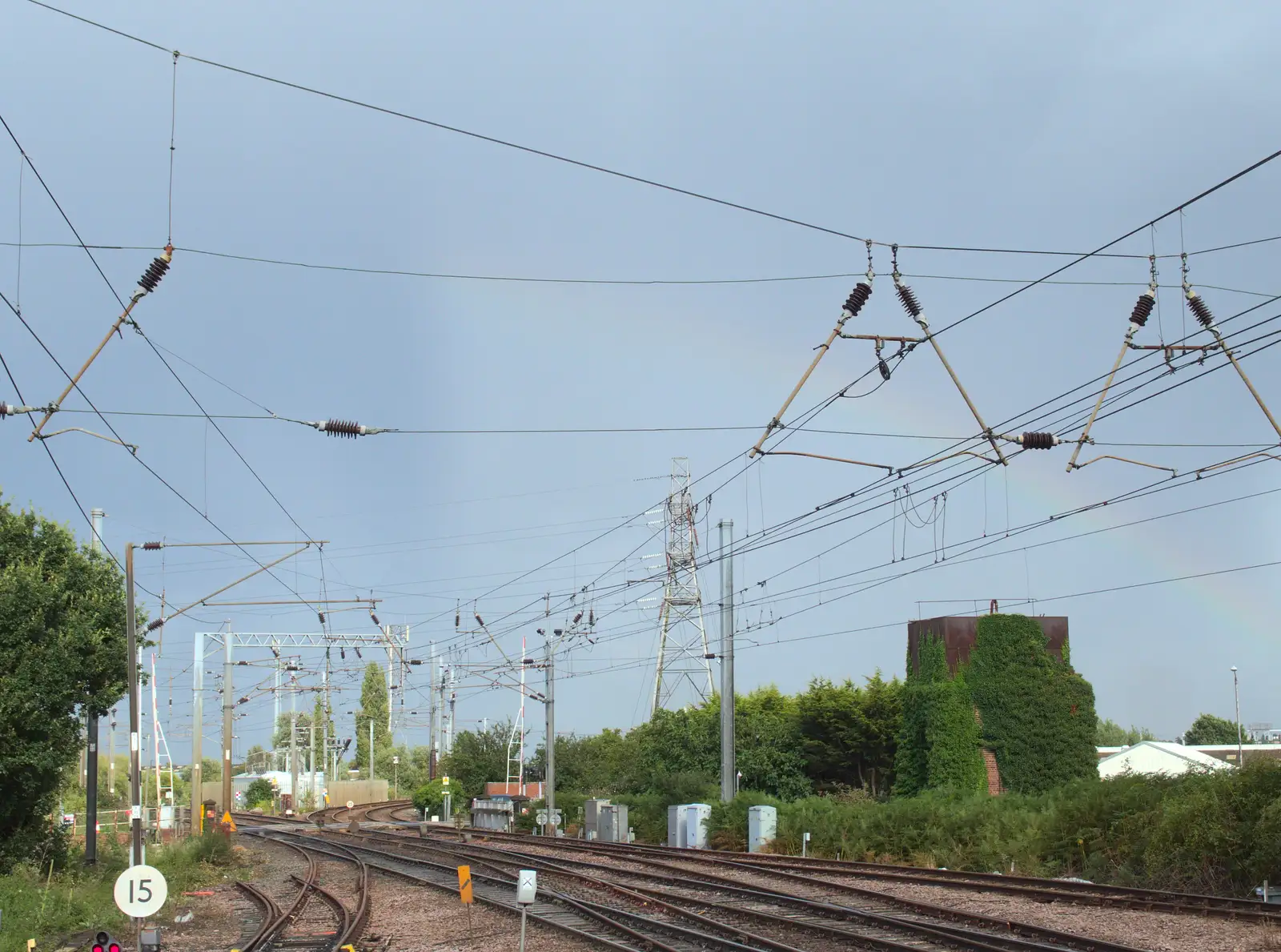 There's a faint rainbow above the overhead wires, from Train Fails, and Pizza Pub, Manningtree and Southwark - 12th August 2014