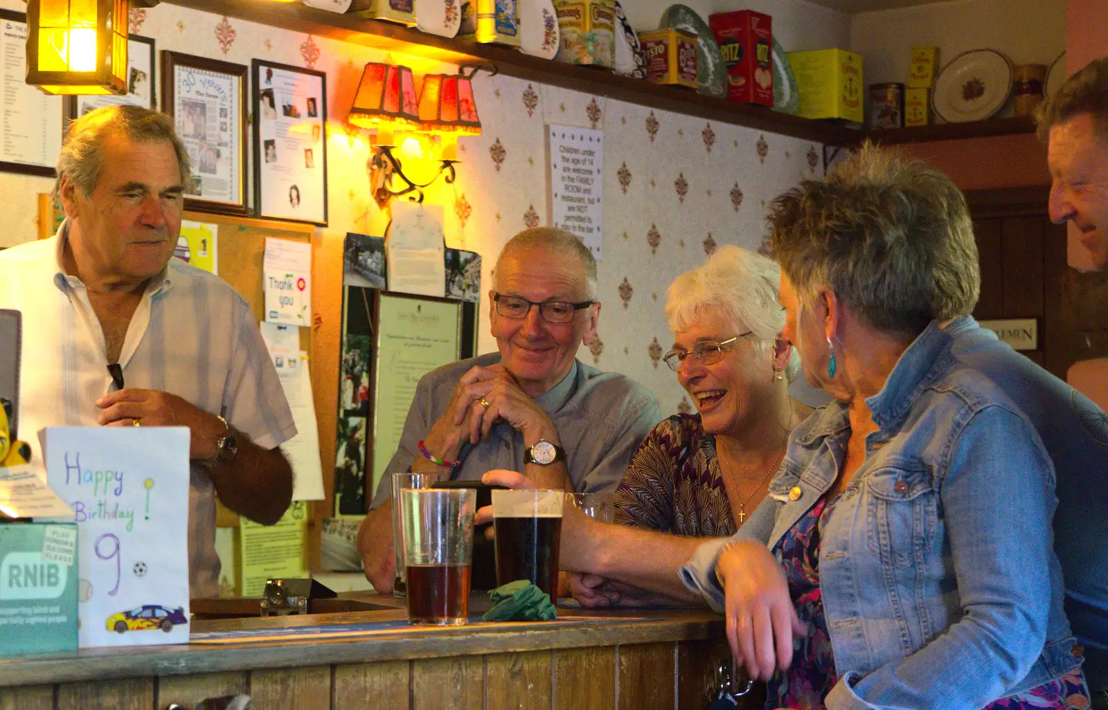 Alan, John, Spammy and Sandy at the bar, from Matthew's Birthday up The Swan Inn, Brome, Suffolk - 17th August 2014