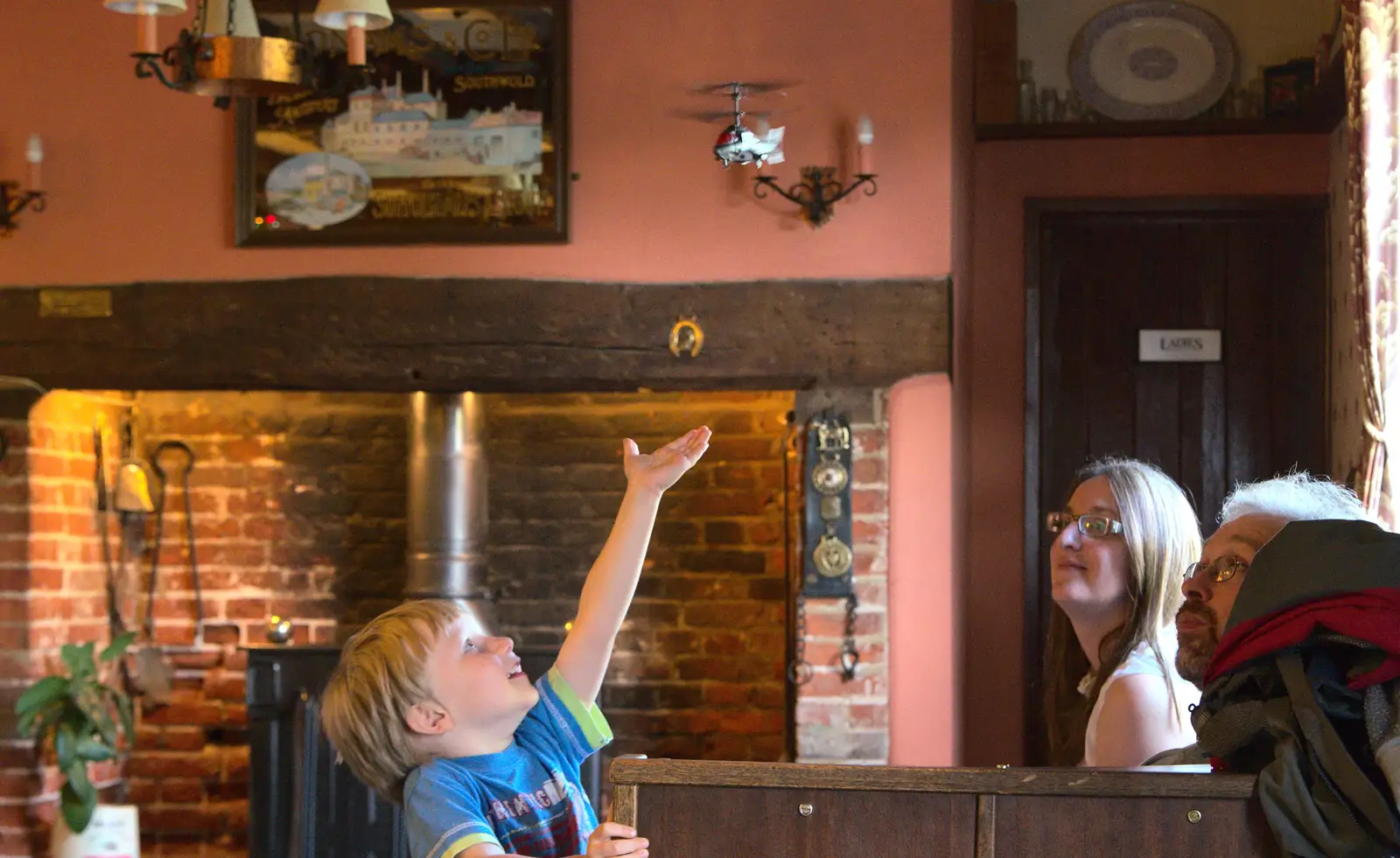 Oak's helicopter is up in the air, from Matthew's Birthday up The Swan Inn, Brome, Suffolk - 17th August 2014