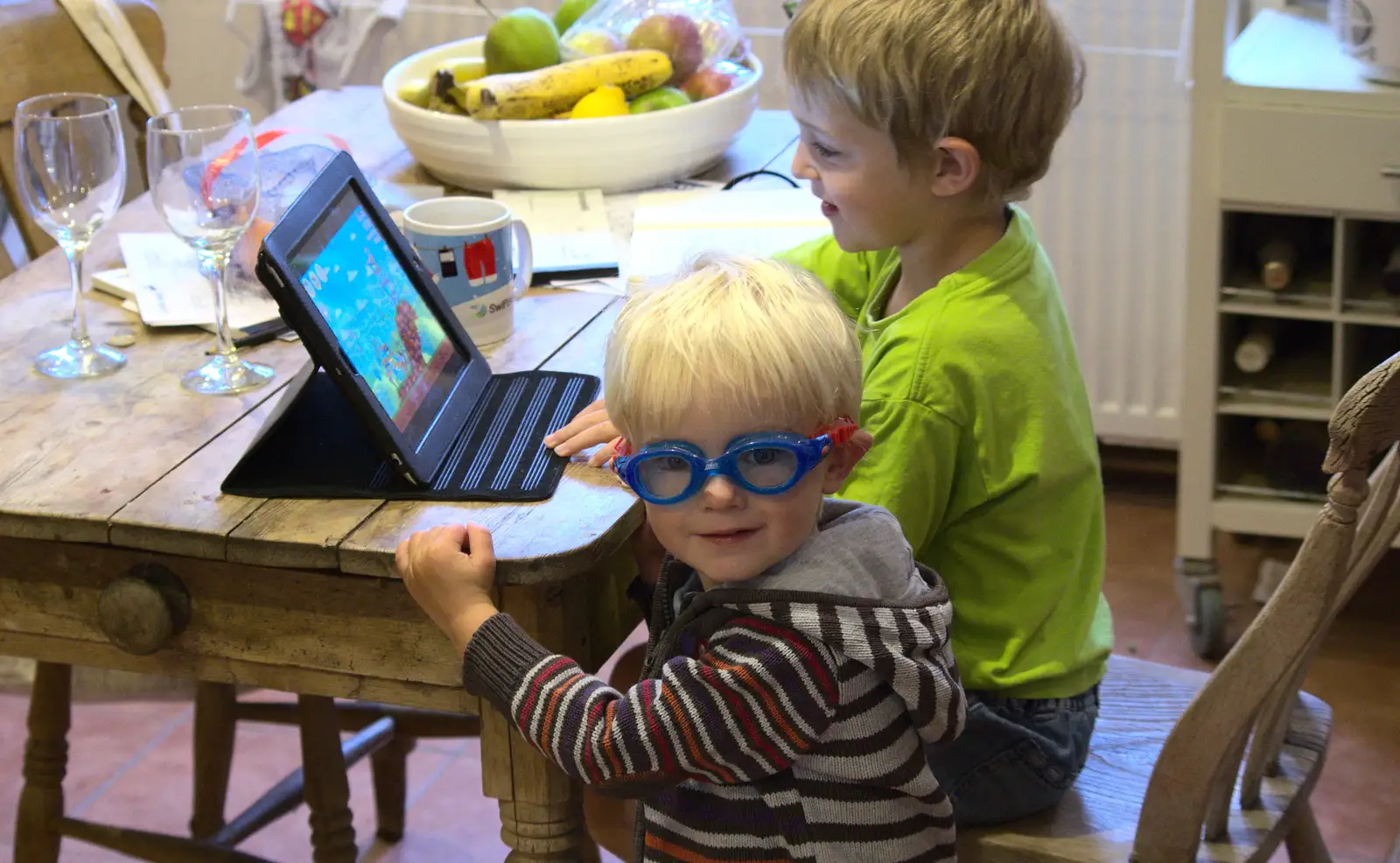 Harry wears Fred's swimming goggles, from Matthew's Birthday up The Swan Inn, Brome, Suffolk - 17th August 2014