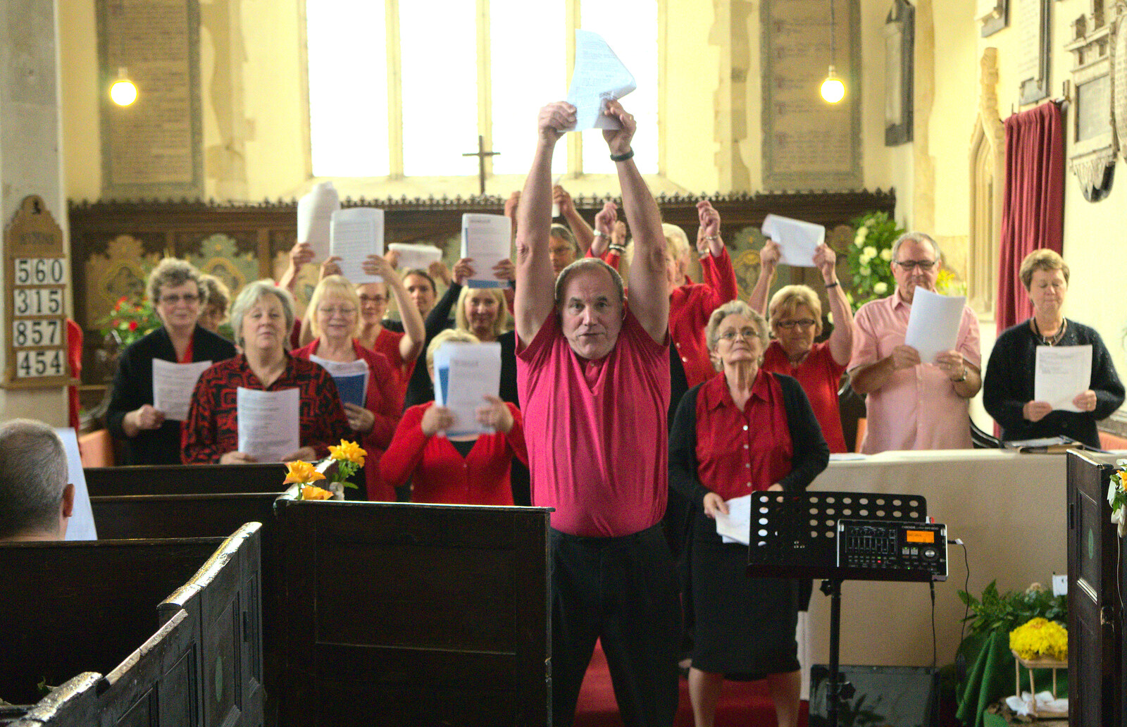 The choir-master really gets in to it from The Oaksmere, and the Gislingham Flower Festival, Suffolk - 24th August 2014