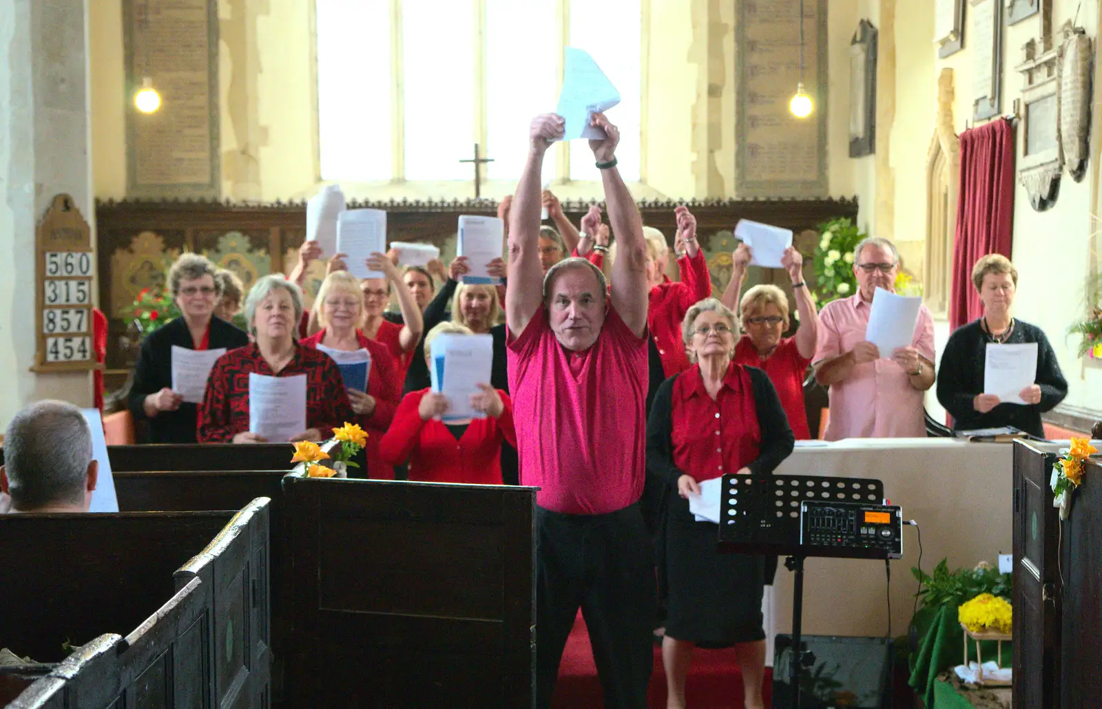 The choir-master really gets in to it, from The Oaksmere, and the Gislingham Flower Festival, Suffolk - 24th August 2014