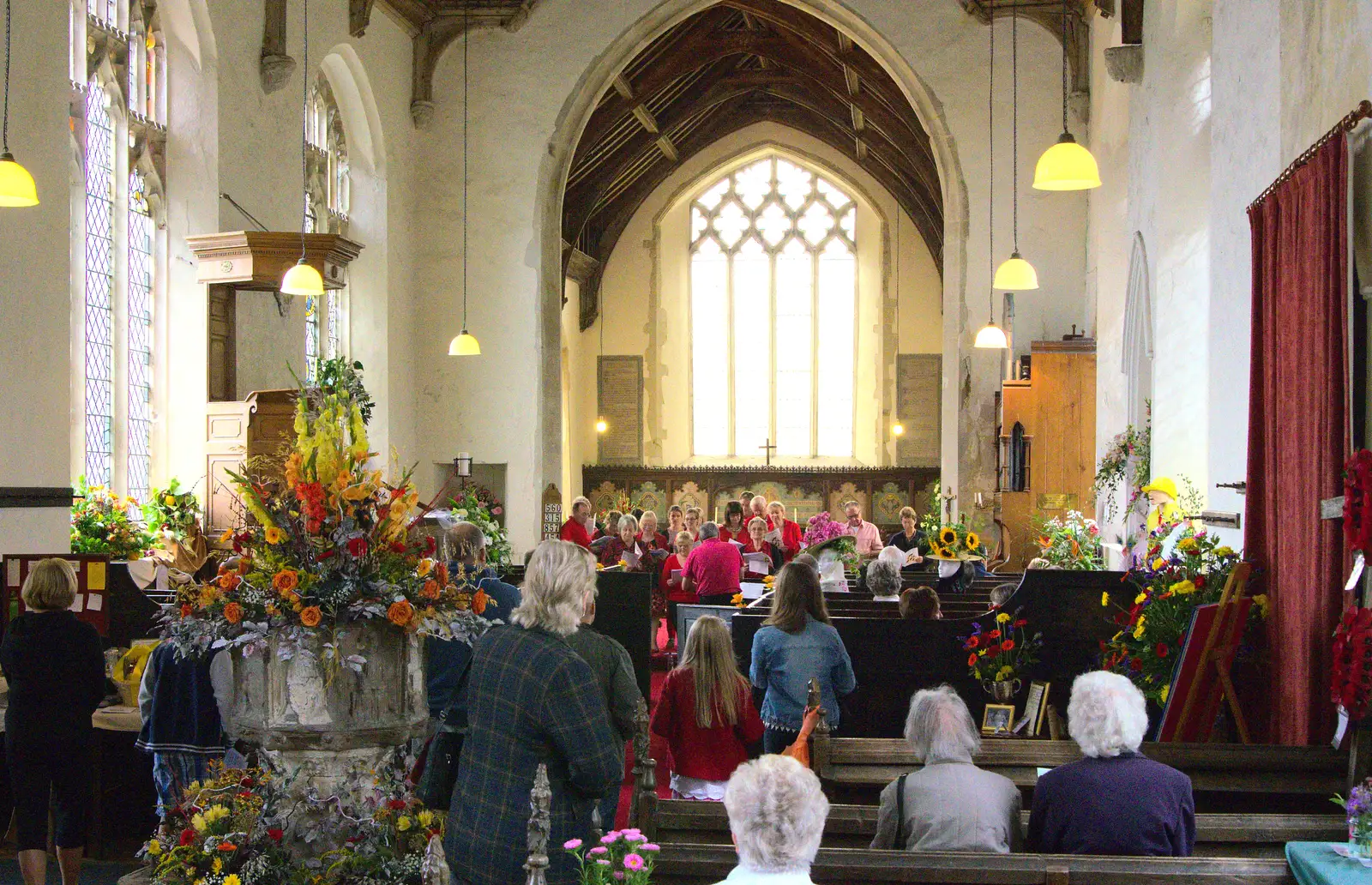 A view of the choir from the back of the church, from The Oaksmere, and the Gislingham Flower Festival, Suffolk - 24th August 2014