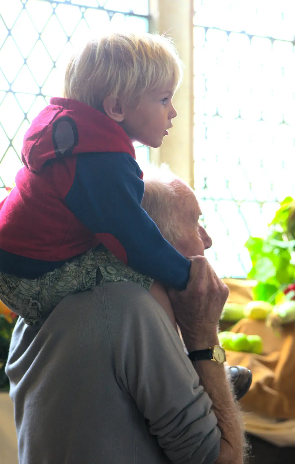 Harry watches from Grandad's shoulders, from The Oaksmere, and the Gislingham Flower Festival, Suffolk - 24th August 2014