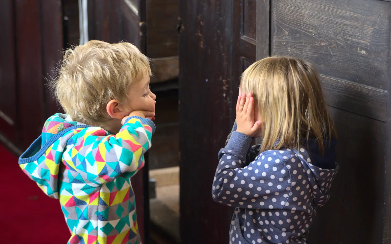 Soph hides from Fred's face, from The Oaksmere, and the Gislingham Flower Festival, Suffolk - 24th August 2014