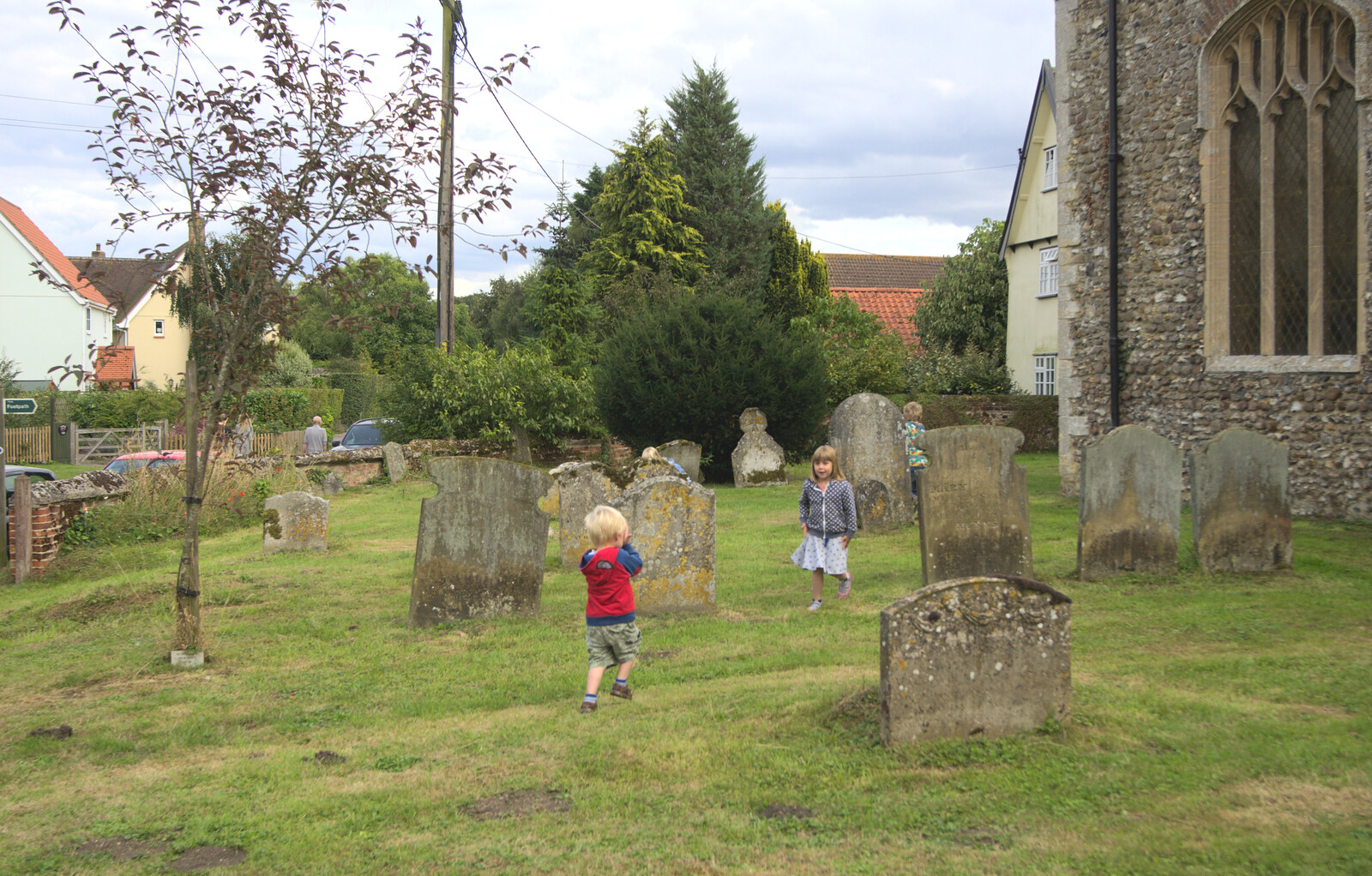 Harry and Sophie in the churchyard from The Oaksmere, and the Gislingham Flower Festival, Suffolk - 24th August 2014