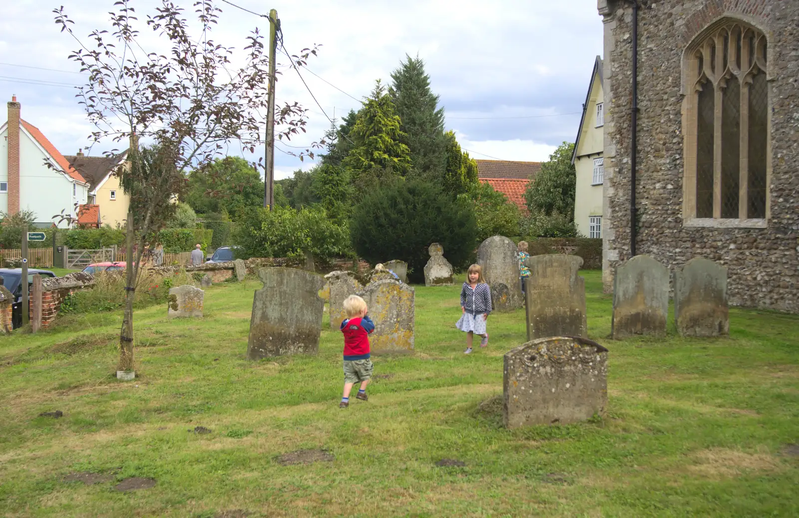 Harry and Sophie in the churchyard, from The Oaksmere, and the Gislingham Flower Festival, Suffolk - 24th August 2014