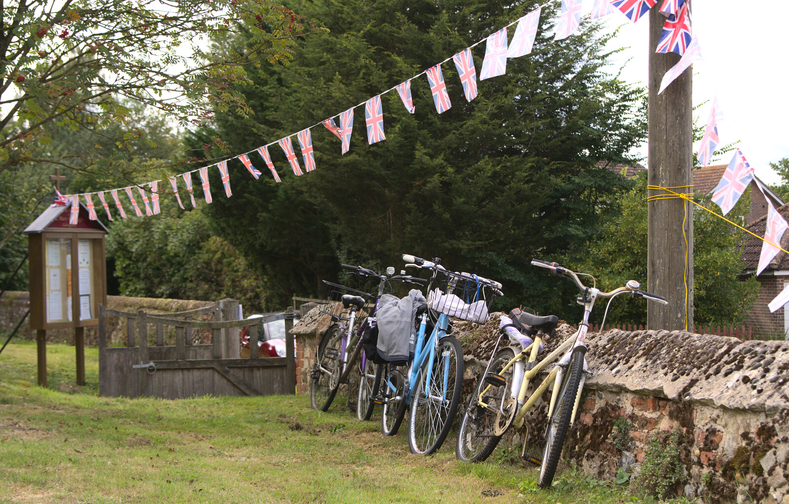 Bikes and Union Flag bunting from The Oaksmere, and the Gislingham Flower Festival, Suffolk - 24th August 2014