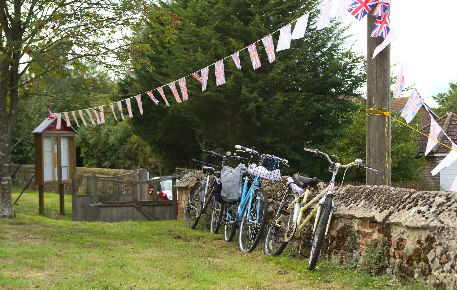 Bikes and Union Flag bunting, from The Oaksmere, and the Gislingham Flower Festival, Suffolk - 24th August 2014