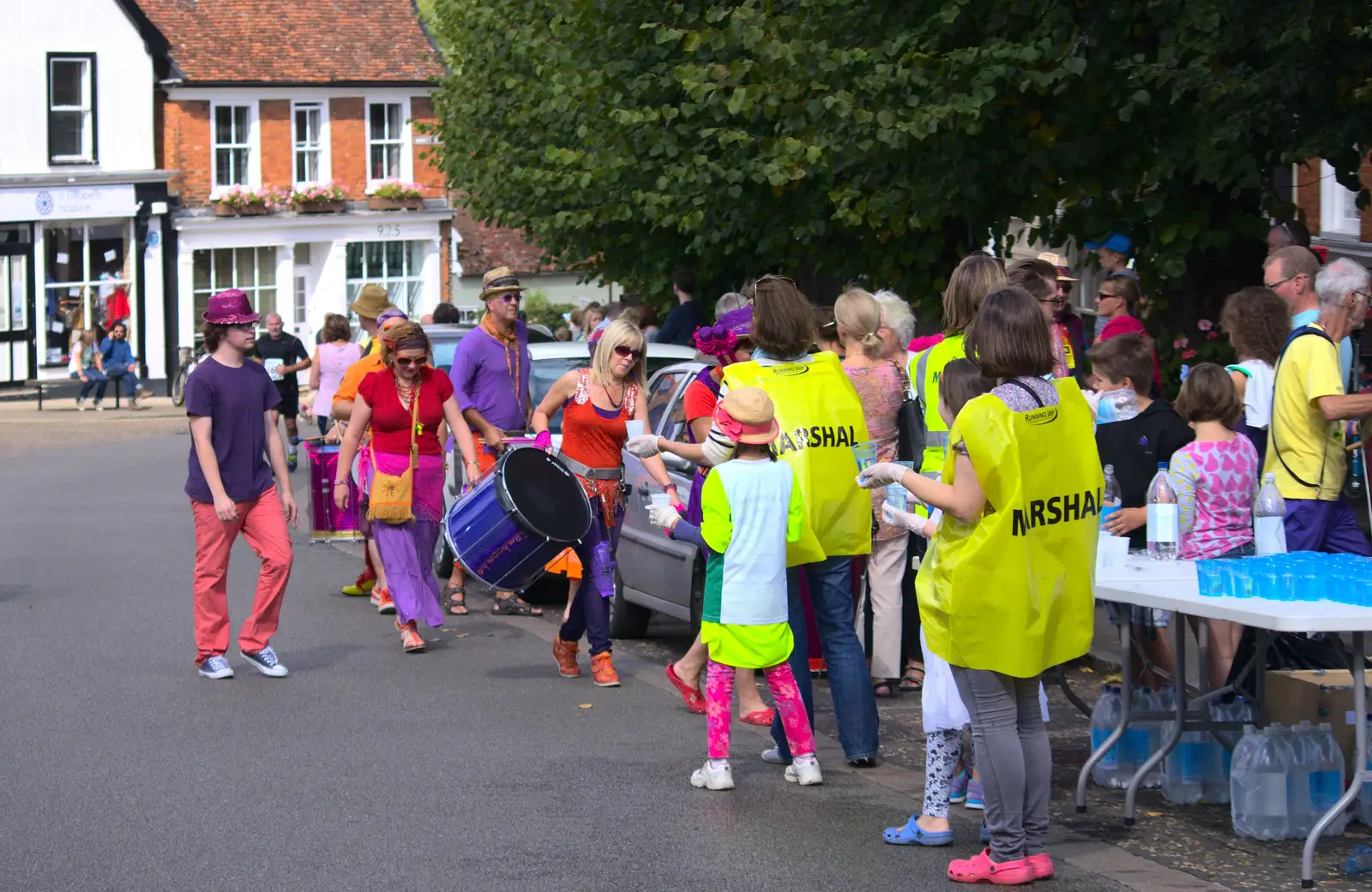 The Samba players come in for some water, from The Framlingham 10k Run, Suffolk - 31st August 2014