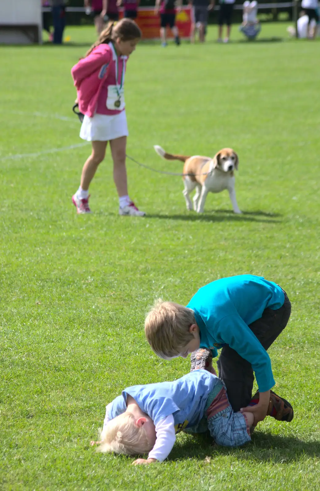 Fred fails to do wheelbarrows with Harry, from The Framlingham 10k Run, Suffolk - 31st August 2014